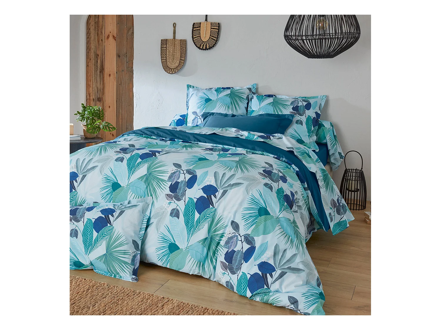 Parure de lit 300x240 cm taies 50x70 cm percale de coton MOOREA PACIFIC bleu/vert 3 pièces
