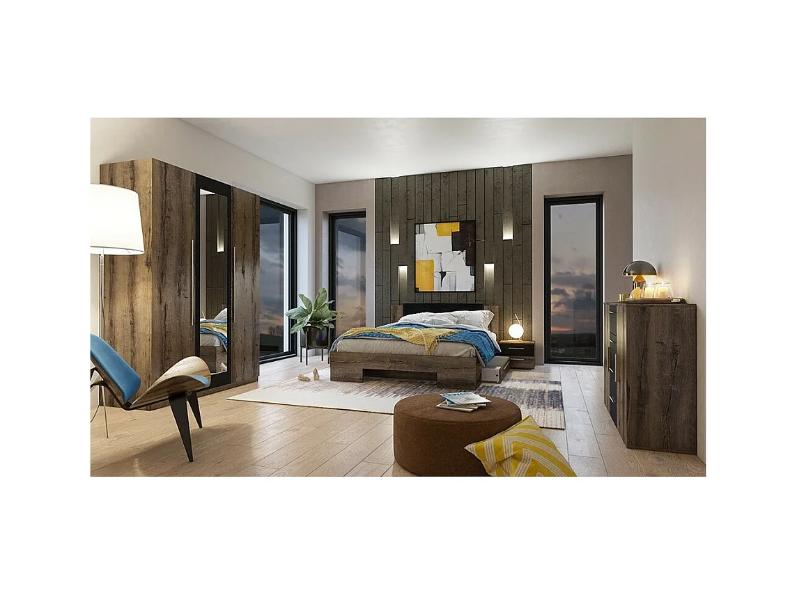 Cômoda com 2 portas e 4 gavetas 130cm. Coleção IRINA imitação de carvalho escuro e preto.