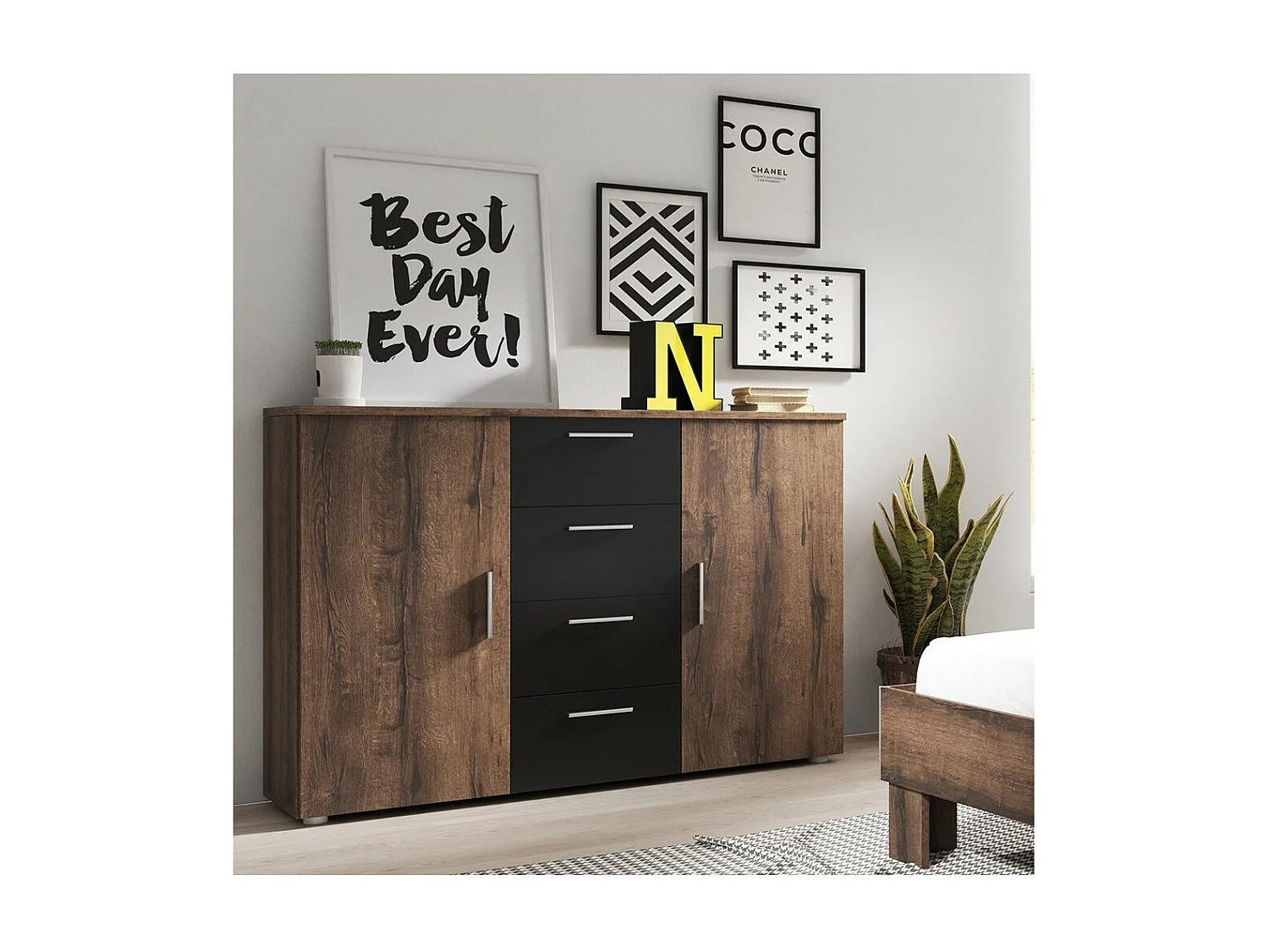 Cômoda com 2 portas e 4 gavetas 130cm. Coleção IRINA imitação de carvalho escuro e preto.