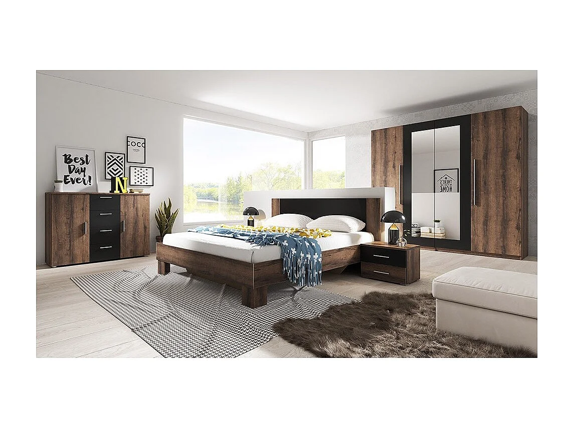 Cômoda com 2 portas e 4 gavetas 130cm. Coleção IRINA imitação de carvalho escuro e preto.