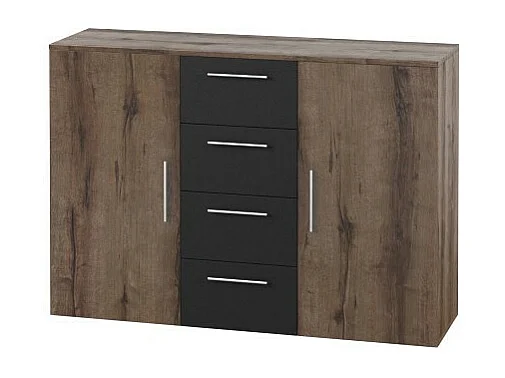 Cômoda com 2 portas e 4 gavetas 130cm. Coleção IRINA imitação de carvalho escuro e preto.