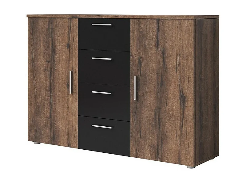 Commode 2 portes et 4 tiroirs 130cm. Collection IRINA imitation chêne foncé et noir