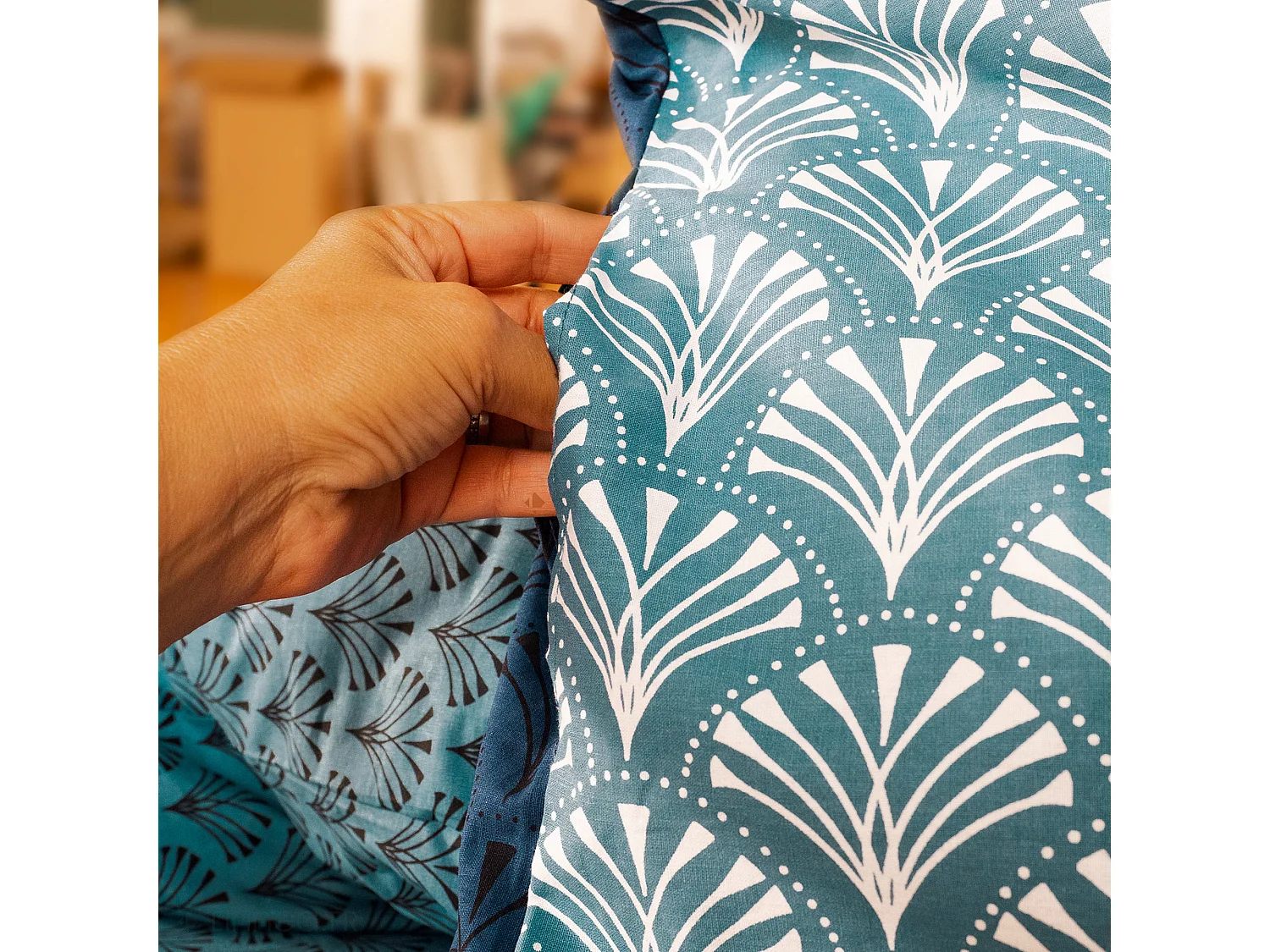 Parure de lit 240x220 cm collection JADE pur coton bleu 3 pièces