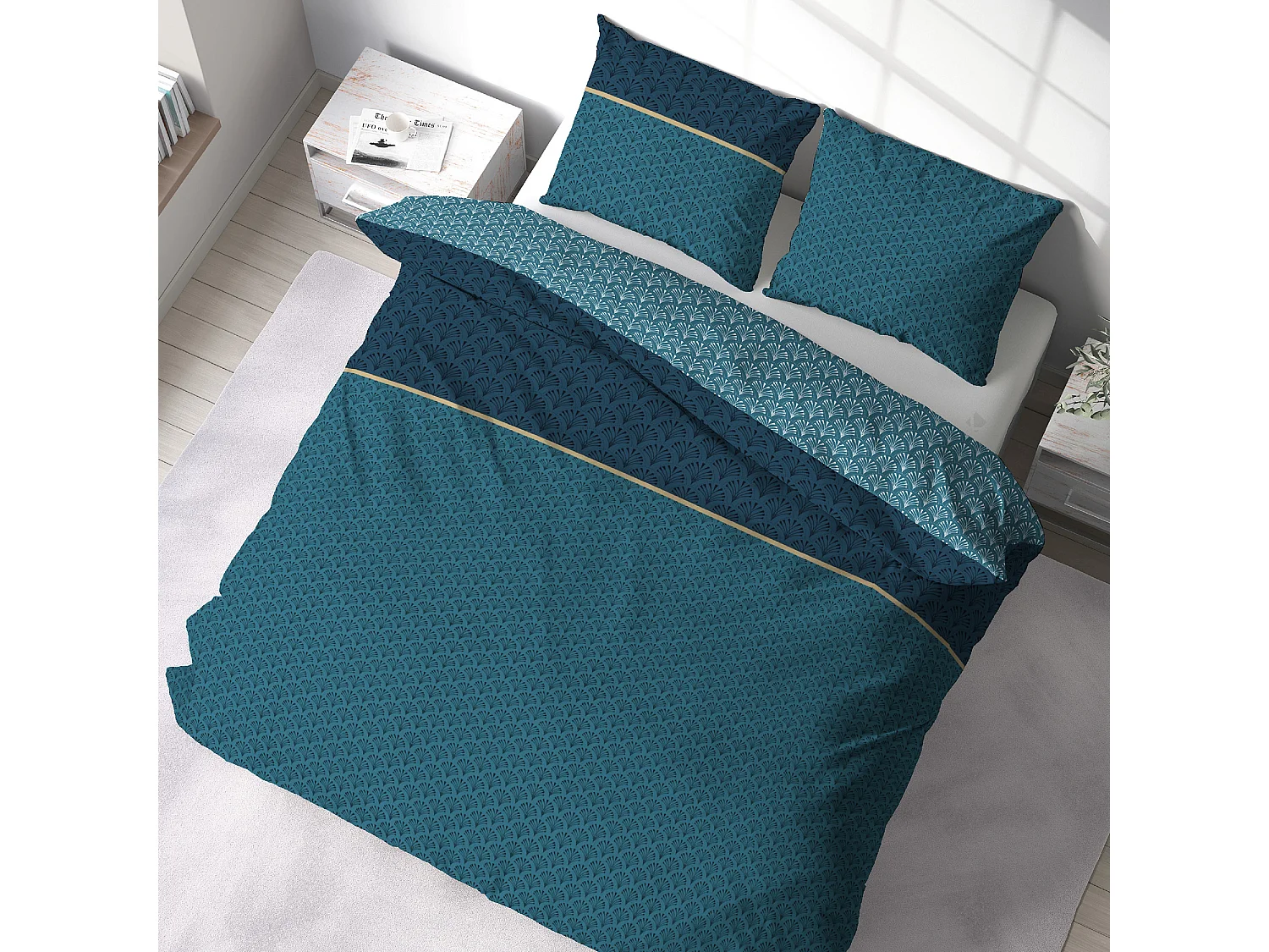 Parure de lit 240x220 cm collection JADE pur coton bleu 3 pièces