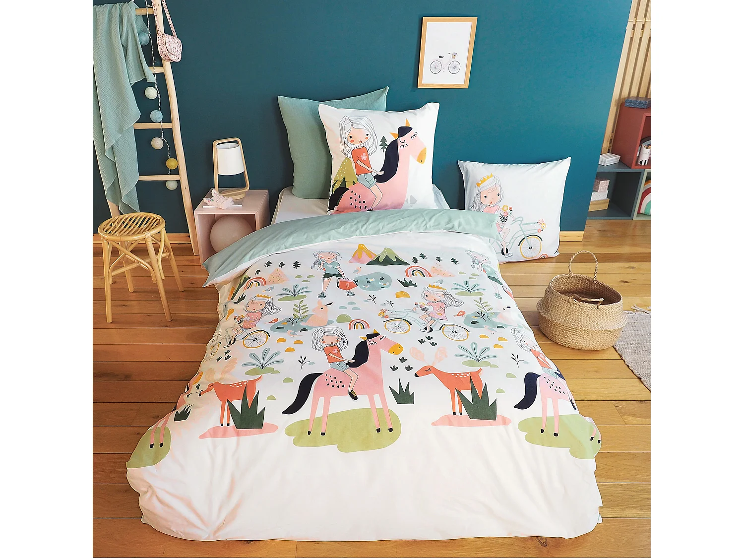 Parure de lit enfant 140x200 cm TESS RANDO coton vert 2 pièces