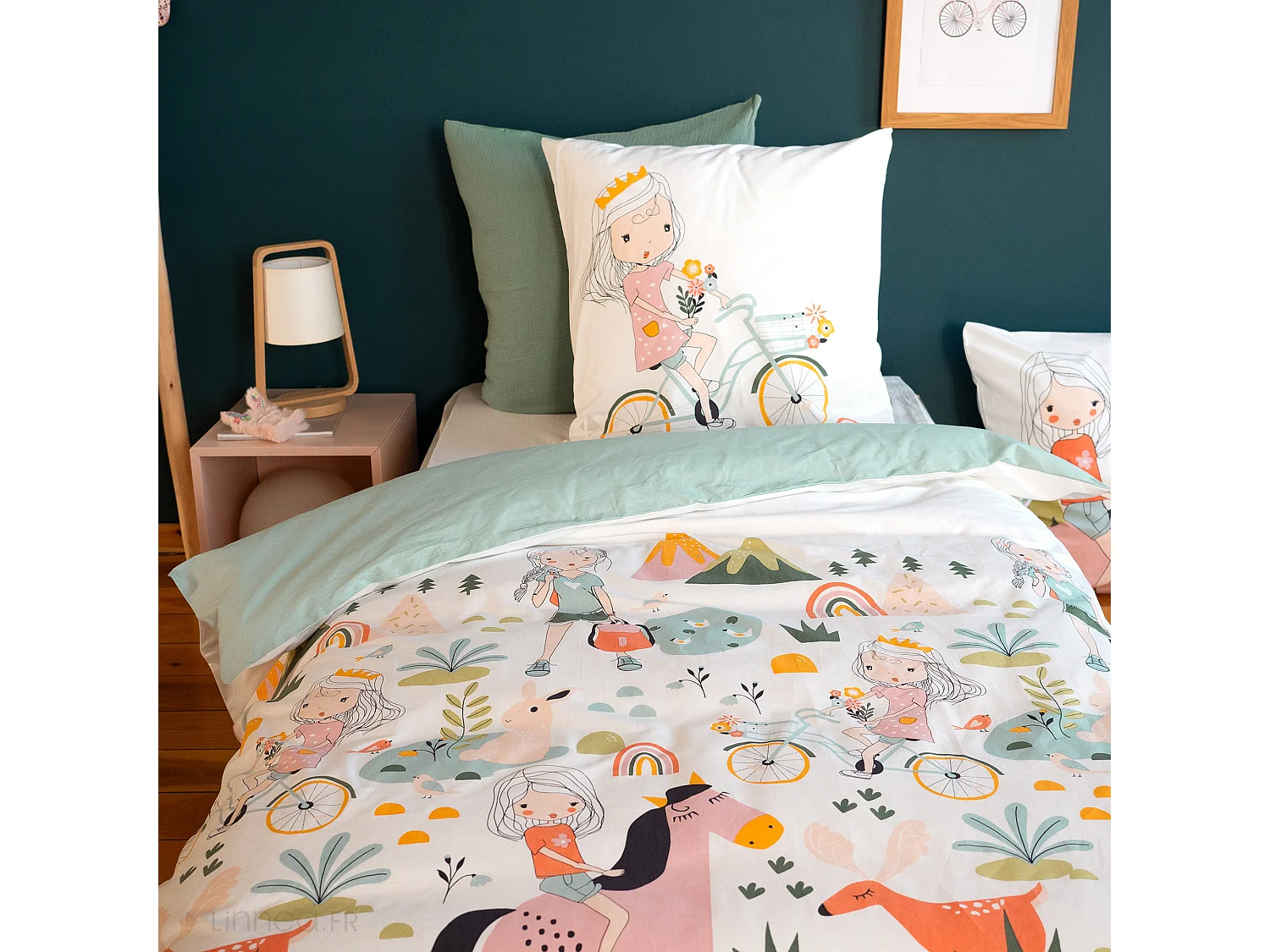 Parure de lit enfant 140x200 cm TESS RANDO coton vert 2 pièces