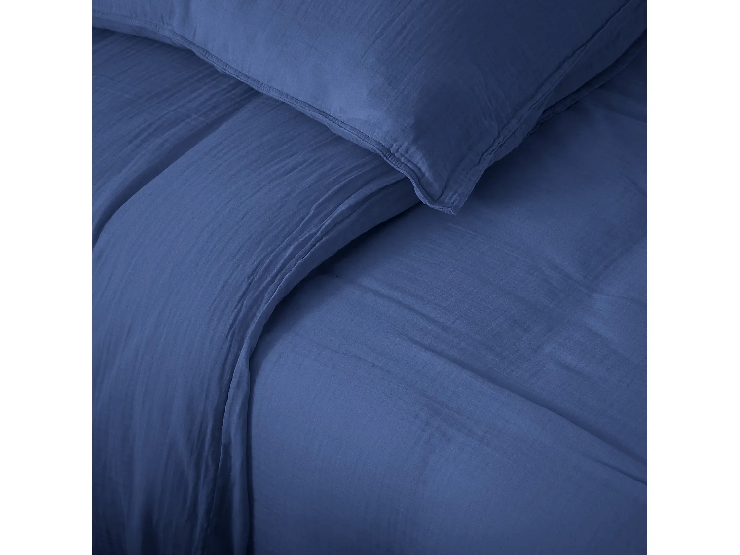 Parure de lit 3 pièces 260x240 cm et 50x70 cm mousseline de coton MILOS bleu indigo