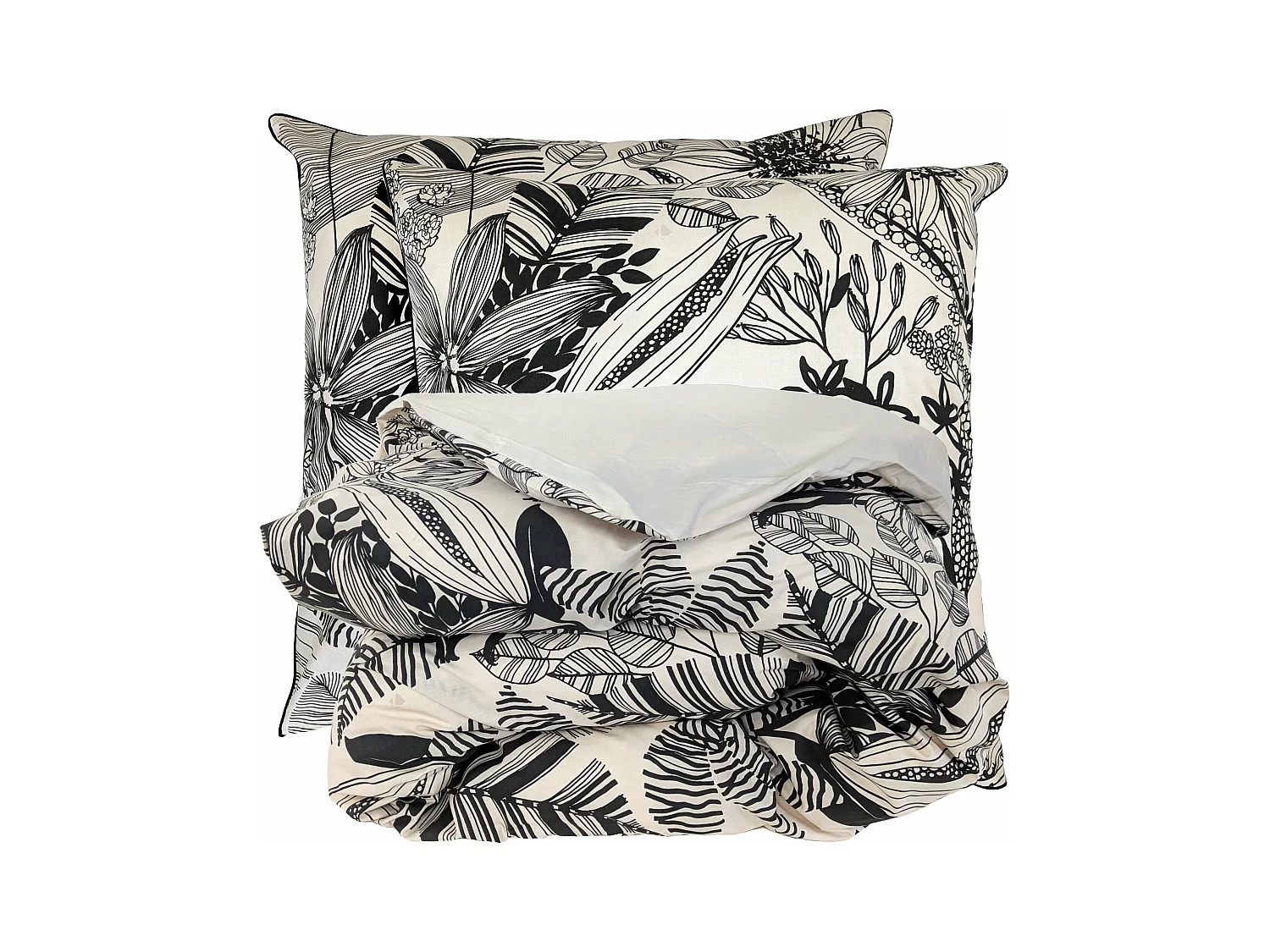 Parure de lit 300x240 cm taies 65x65 cm percale de coton ALBA beige/noir 3 pièces