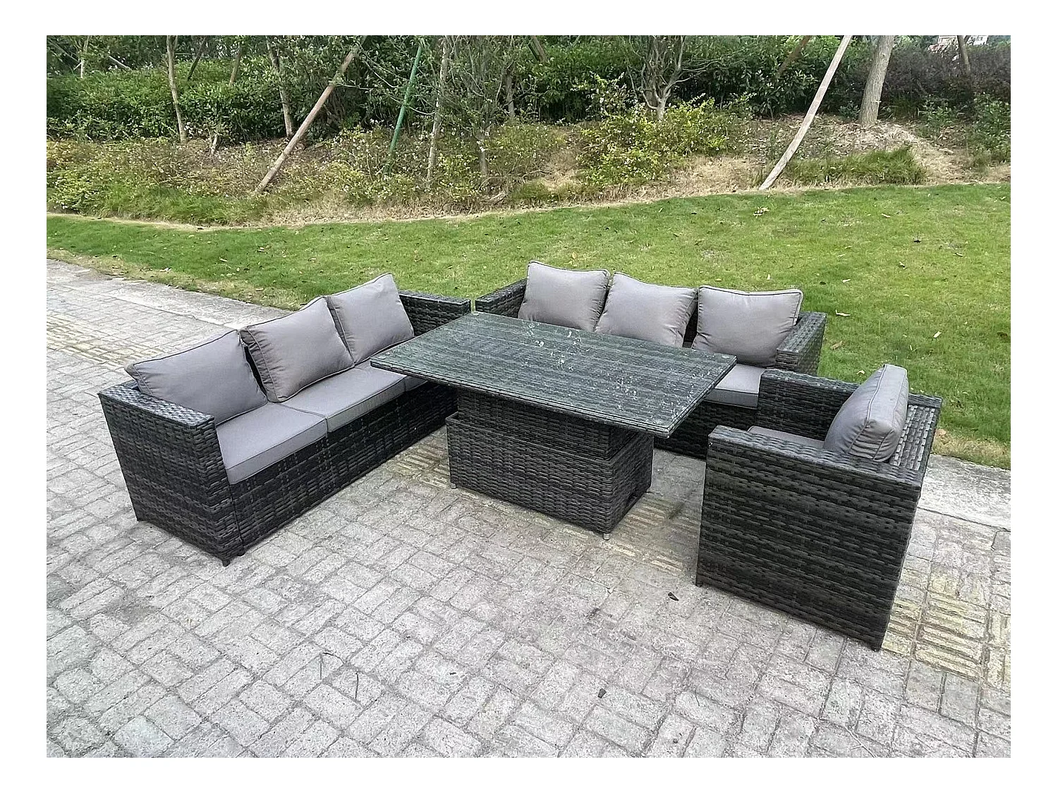7 Places Ensemble de meubles de jardin en rotin ave Table à manger réglable en hauteur canapé Chaises Mélange gris foncé