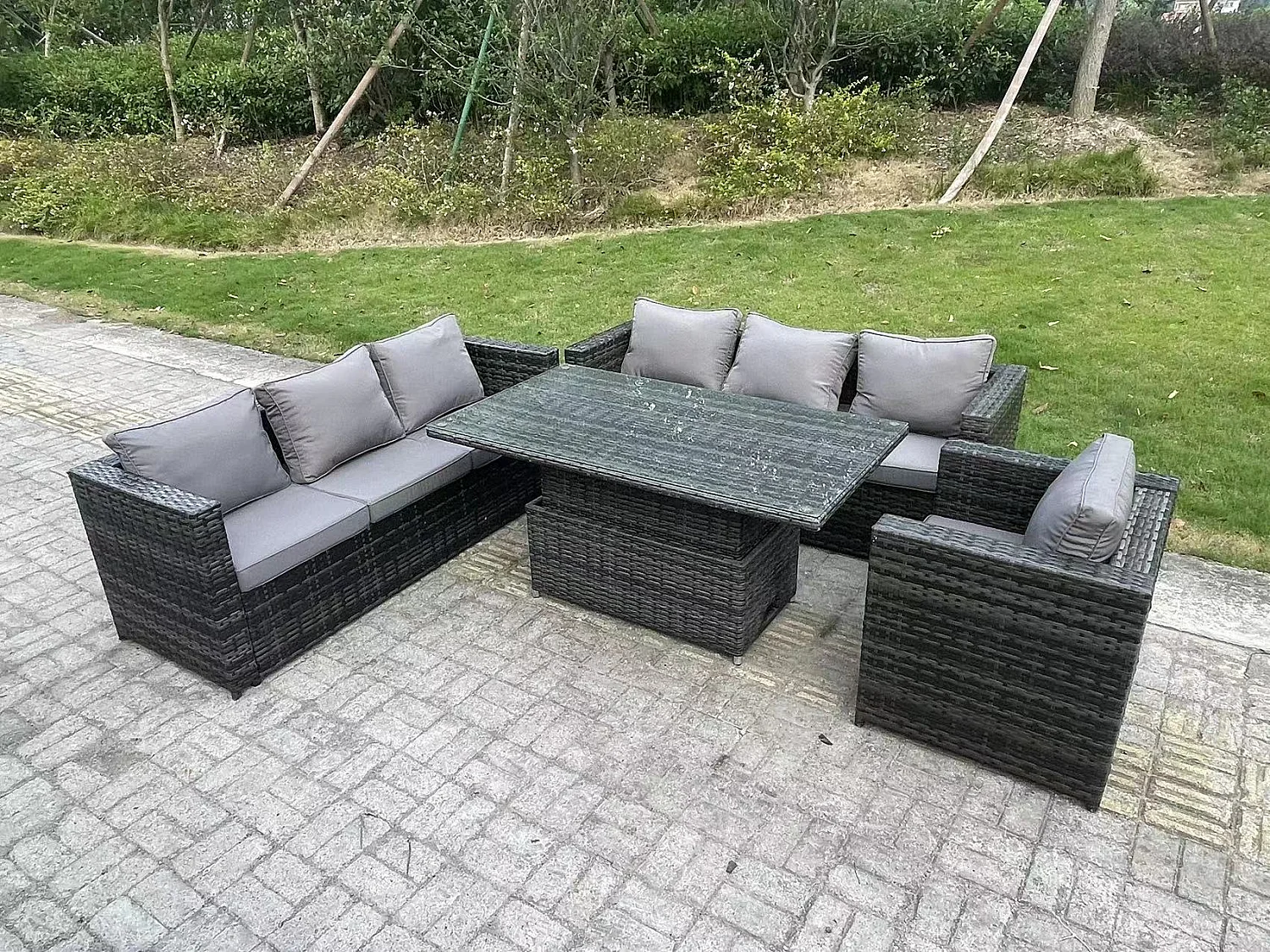 Fimous Wicker PE Garden Furniture Rattan Sofa Set Outdoor Adjustable Rising Lifting Dining Table Set with Armchair 7 Seater Dark Grey Mixed