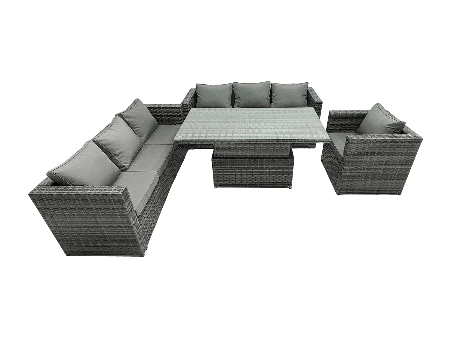 Fimous Wicker PE Garden Furniture Rattan Sofa Set Outdoor Adjustable Rising Lifting Dining Table Set with Armchair 7 Seater Dark Grey Mixed