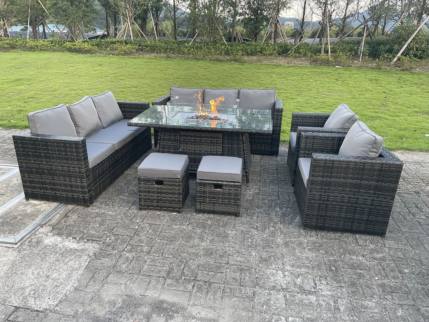Fimous Outdoor Rattan Garden Furniture Gas Fire Pit Dining Table Sets Gas Heater Lounge Chairs Small Footstools Dark Mixed Grey 10 Seater