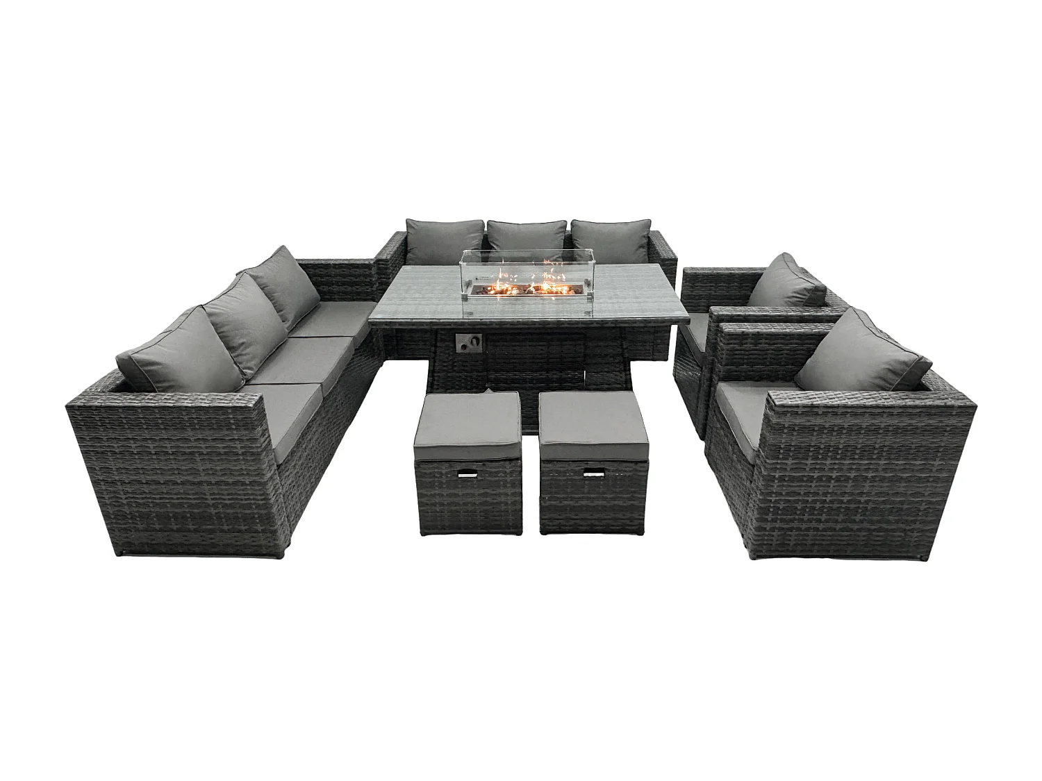 Fimous Outdoor Rattan Garden Furniture Gas Fire Pit Dining Table Sets Gas Heater Lounge Chairs Small Footstools Dark Mixed Grey 10 Seater