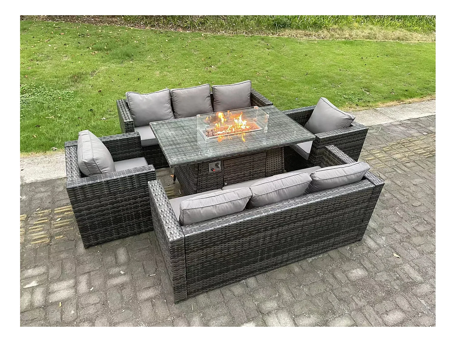8-Sitzer Rattan Gartenmöbel Set mit Gas Feuertisch Sofa 2 Sessel