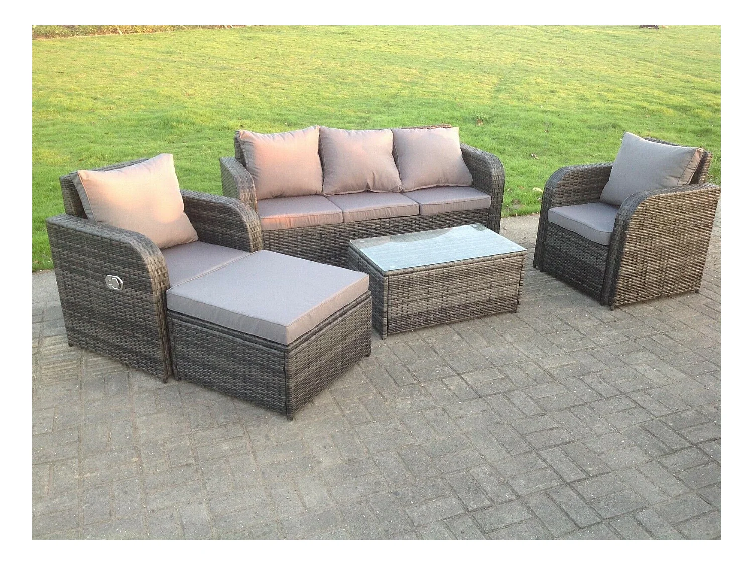 6 places Meubles de Jardin en rotin ave Canapé Tabourets Rectangle Table basse Chaise Mélange gris foncé