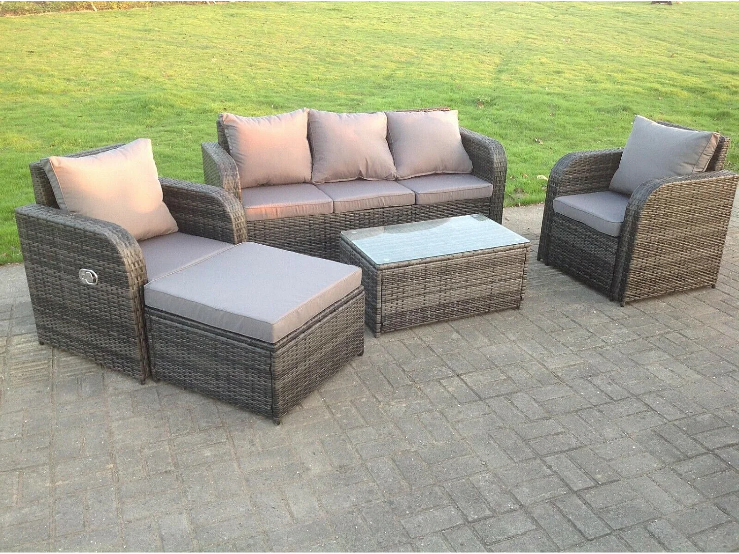 6-Sitzer Rattan Gartenmöbel Set mit Sofa Hocker Rectangle Couchtisch Chaise