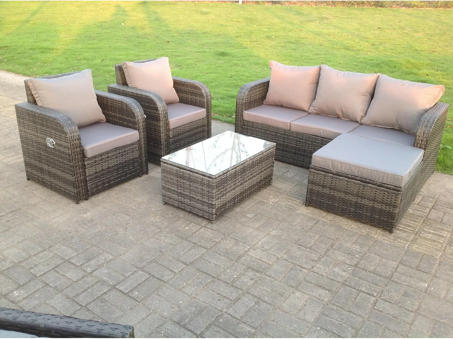 Fimous Dark Grey Mix PE Wicker Rattan Garden Furniture Set Sofa Set Reclining Adjustable Chair 6 Seater Oblong Coffee Table