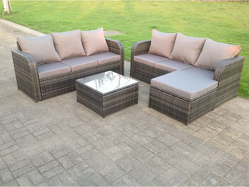 7-Sitzer Rattan Gartenmöbel Set mit Sofa Hocker Couchtisch Dunkelgrau gemischt