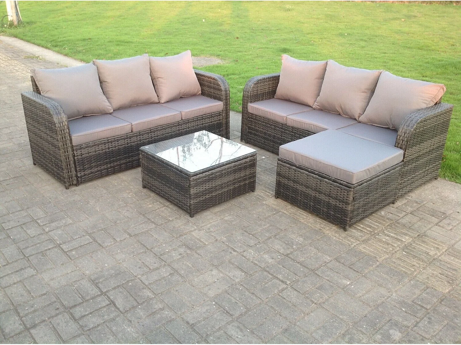 7-Sitzer Rattan Gartenmöbel Set mit Sofa Hocker Couchtisch Dunkelgrau gemischt
