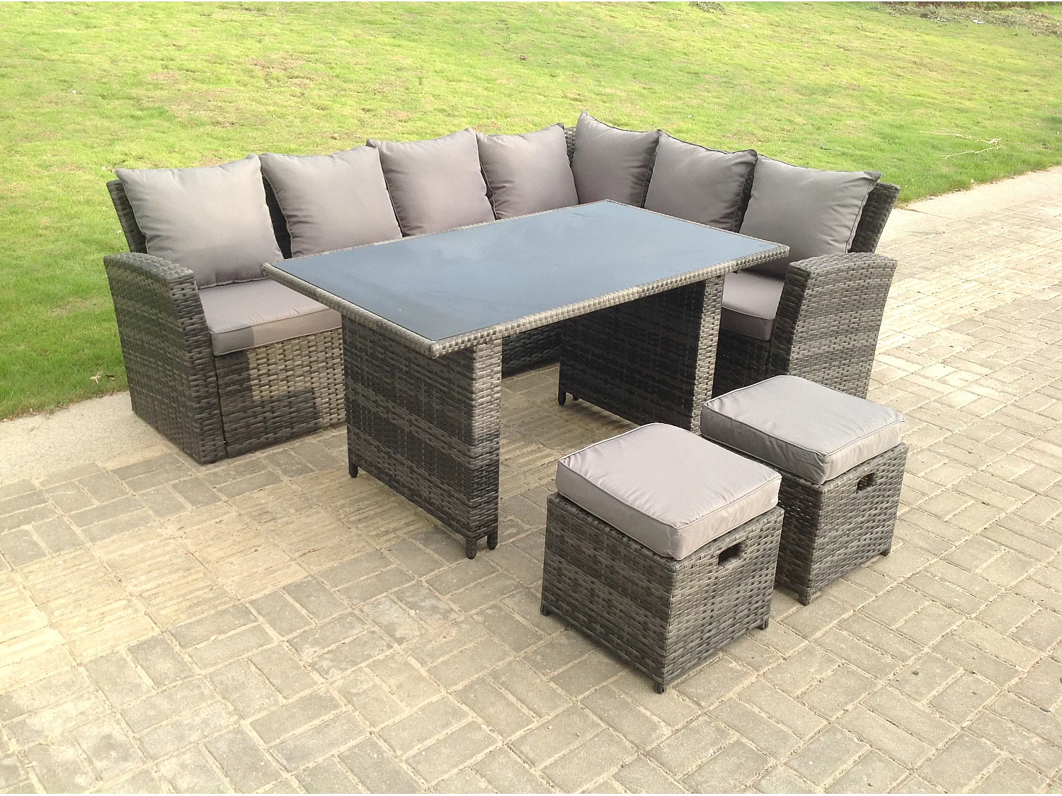 Fimous High Back Grey Mixed Rattan Corner Sofa Dining Set Table With Stools 8 Seater right corner