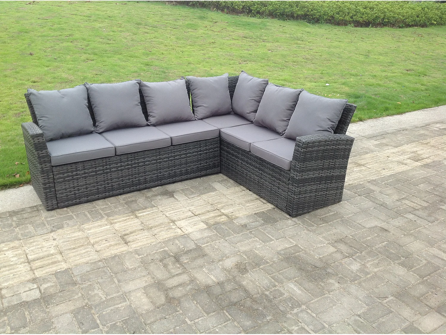 Fimous High Back Grey Mixed Rattan Corner Sofa Dining Set Table With Stools 8 Seater right corner