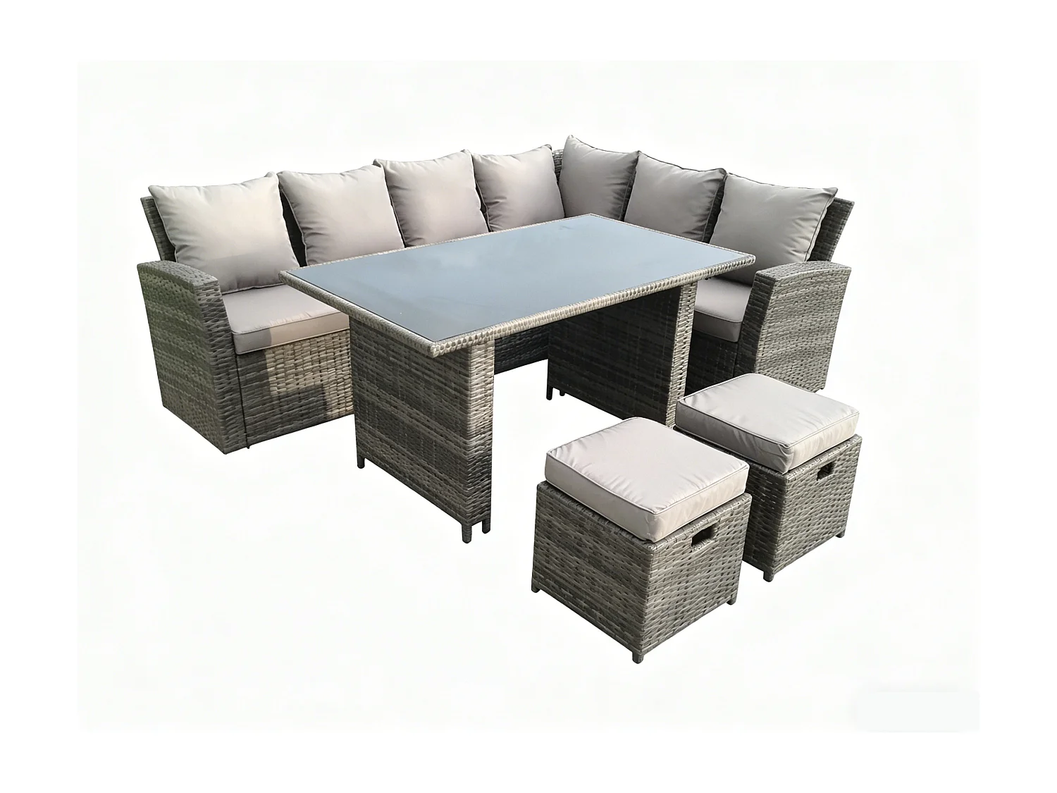 Fimous High Back Grey Mixed Rattan Corner Sofa Dining Set Table With Stools 8 Seater right corner