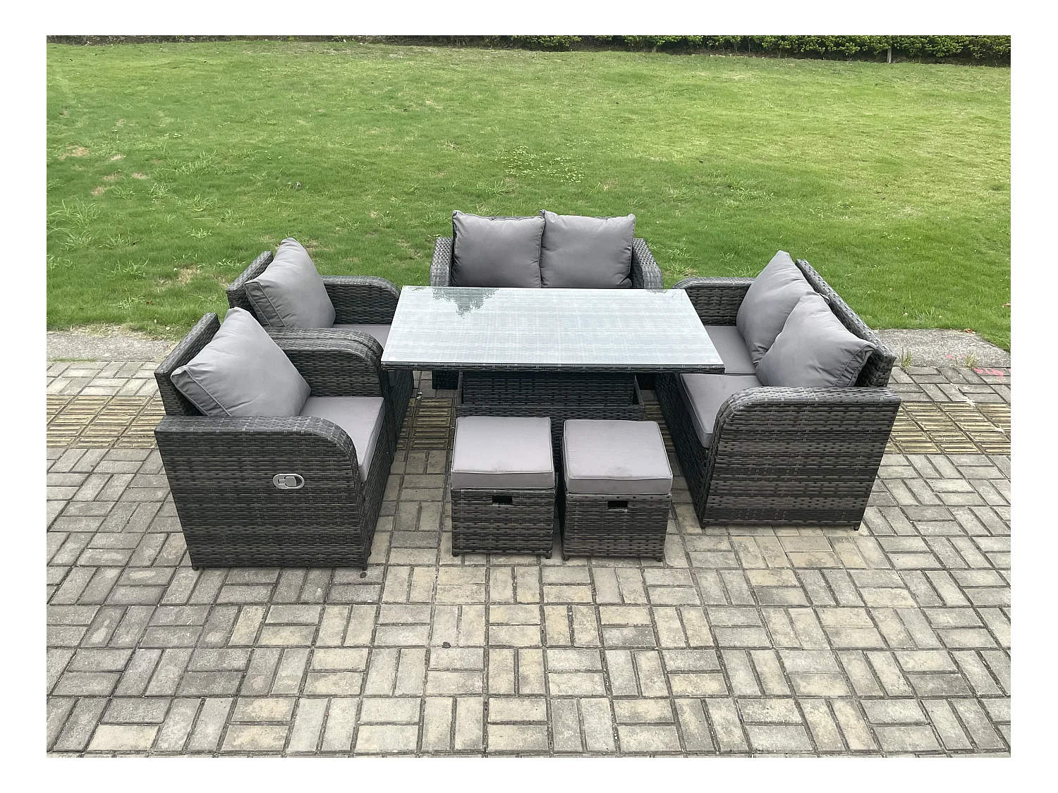 Rattan Gartenmöbel Set mit Einstellbare Höhe Esstisch 2 Sessel inclinable 2 Love Sofa 2 Hocker