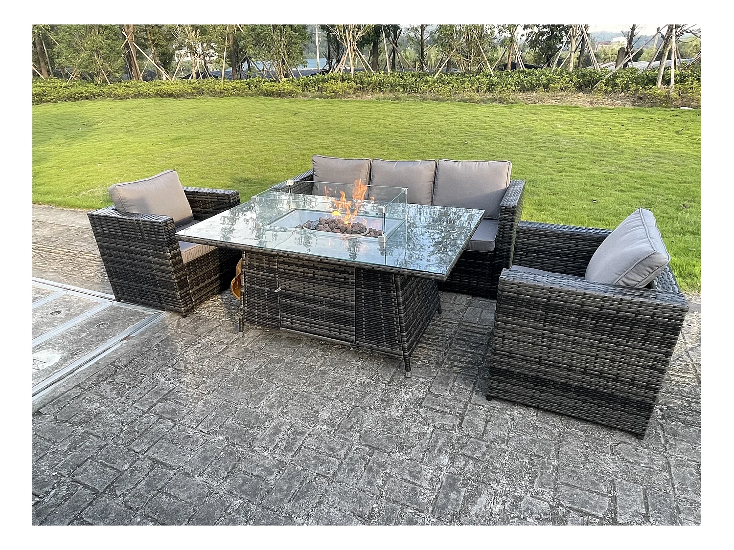 Meubles de Jardin en rotin ave Canapé 2 Chaises Table de foyer à gaz Mélange gris foncé