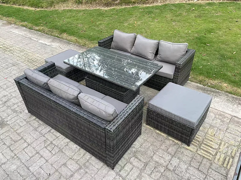 8 Places Ensemble de meubles de jardin en rotin ave Table à manger réglable en hauteur canapé 2 Tabourets Mélange gris foncé