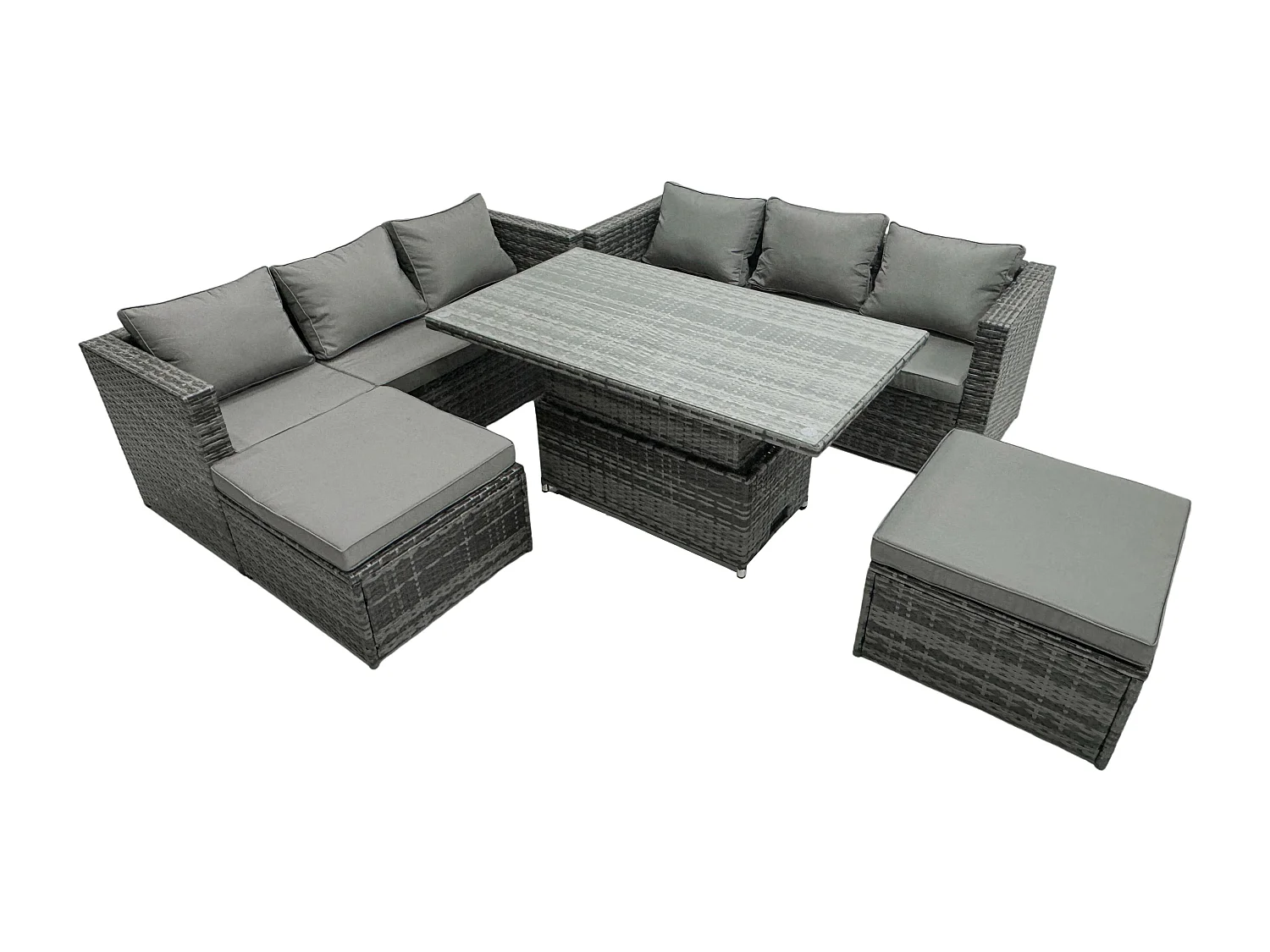 8 Places Ensemble de meubles de jardin en rotin ave Table à manger réglable en hauteur canapé 2 Tabourets Mélange gris foncé