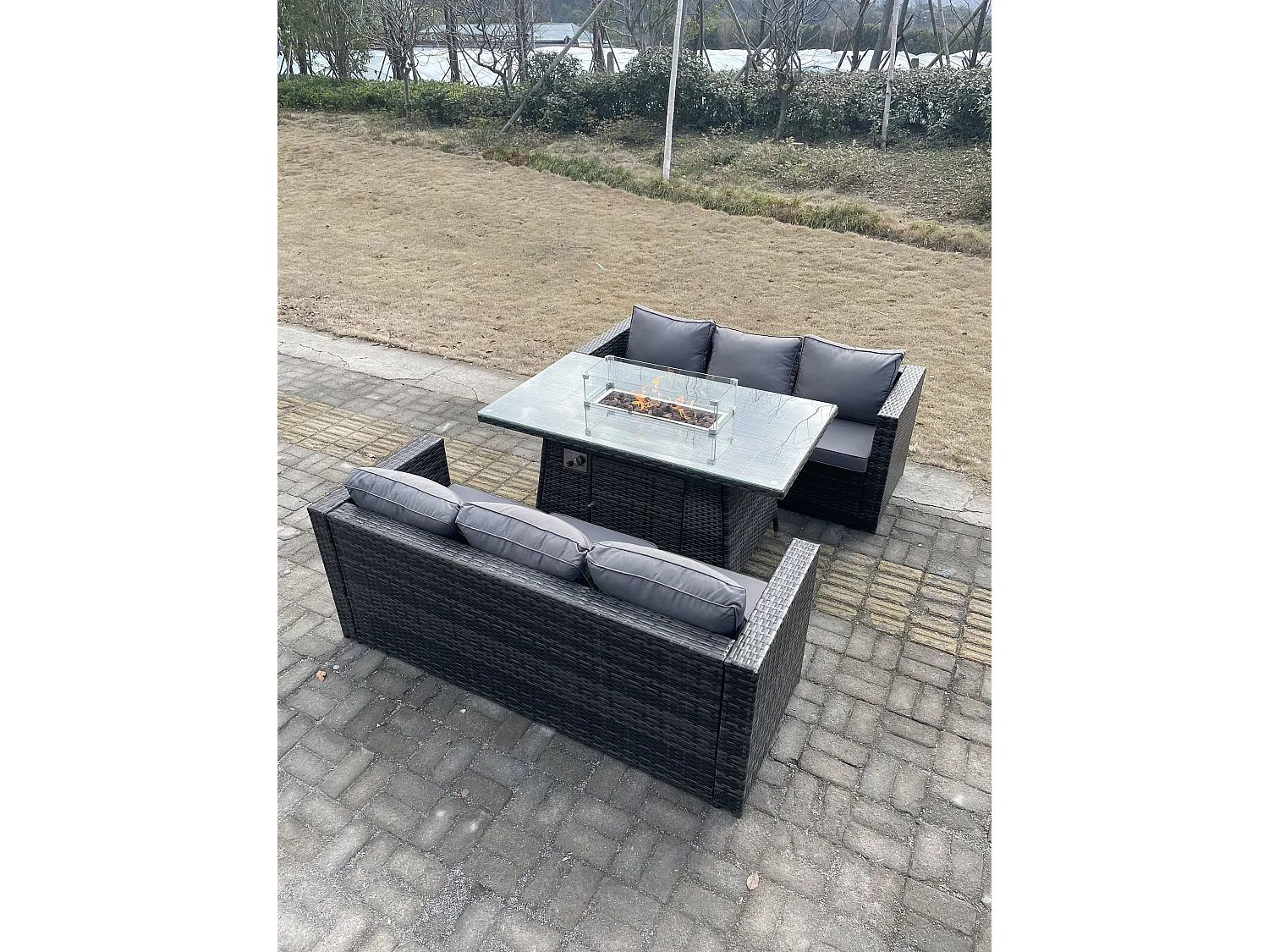 7-Sitzer Rattan Gartenmöbel Set mit Gas Feuertisch 3 Sofa Dunkelgrau gemischt