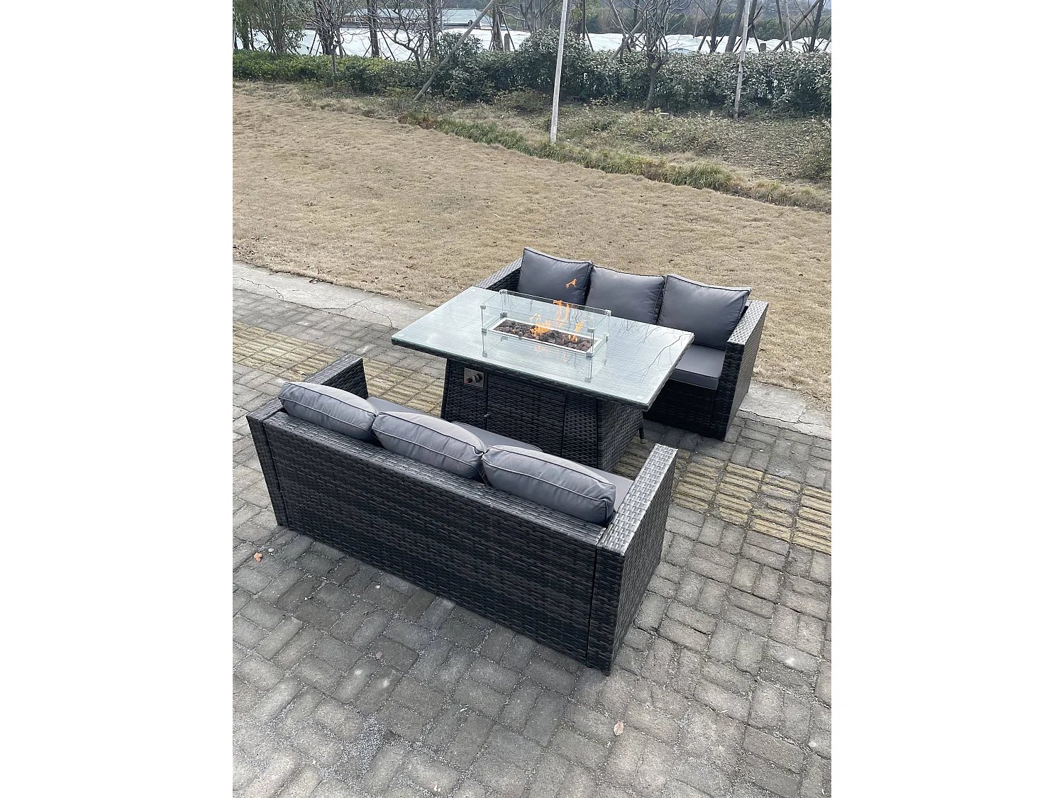 Fimous 6 Seater Outdoor Rattan Sofa Set Garden Furniture Gas Firepit Set Dining Table Heater Dark Grey Mixed