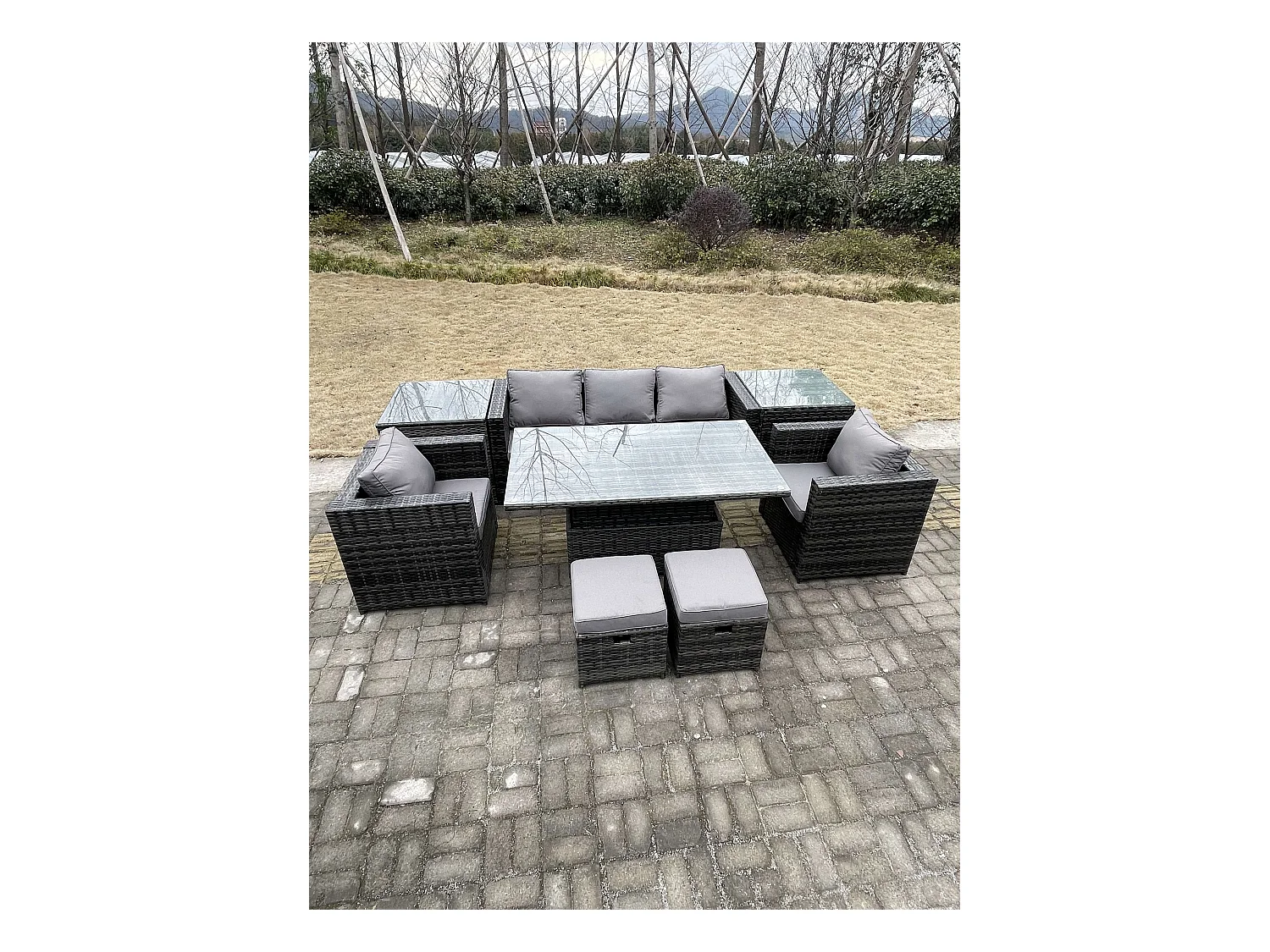 10 Places Meubles de jardin en rotin ave Table à manger réglable en hauteur canapé 2 Tabourets 2 Chaises Mélange gris foncé