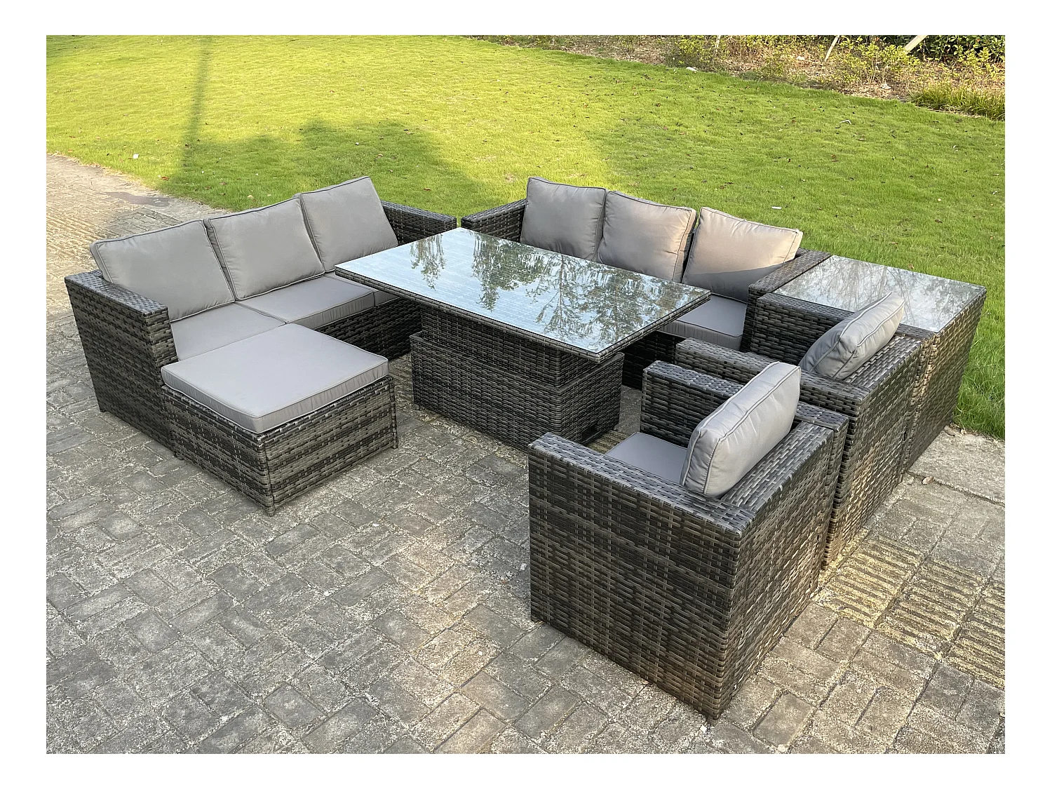 Meubles de Jardin en rotin ave Table élévatrice 2 Canapé 2 Fauteuil Table d'appoint Tabourets Mélange gris foncé
