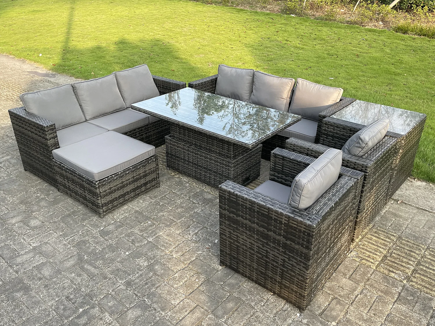 Fimous 9 Seater Outdoor Rattan Garden Furniture Adjustable Rising Lifting Table With Side Table Chairs Footstool Dark Grey Mixed