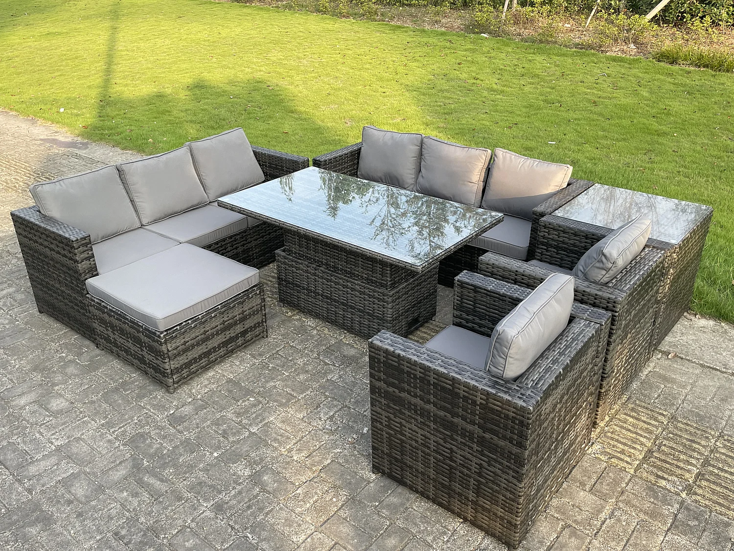 Fimous 9 Seater Outdoor Rattan Garden Furniture Adjustable Rising Lifting Table With Side Table Chairs Footstool Dark Grey Mixed