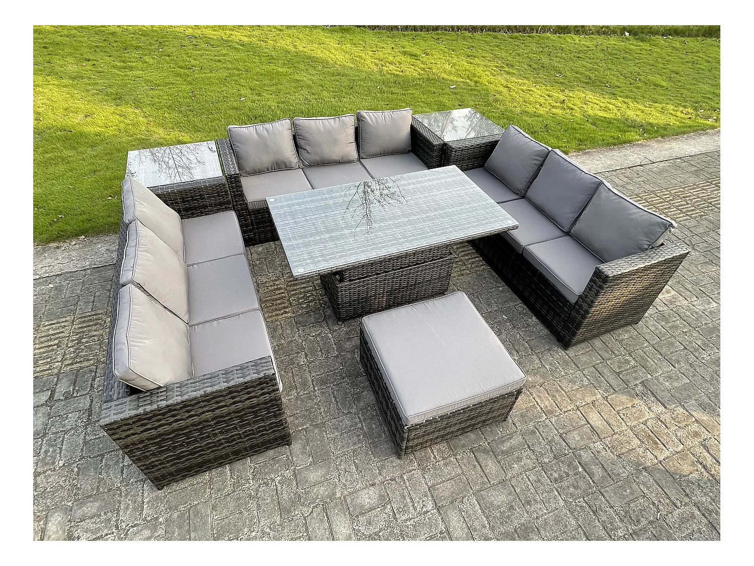 Rattan-Gartenmöbel-Set für den Außenbereich Sofa Einstellbare Höhe Esstisch Hocker