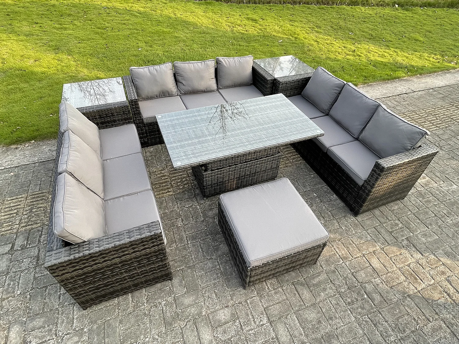 Fimous U Shape Rattan Gardern Furniture Dining Sofa Set Adjustable Rising Dining Table With 2 Side Coffee Table Extra Big Footstool