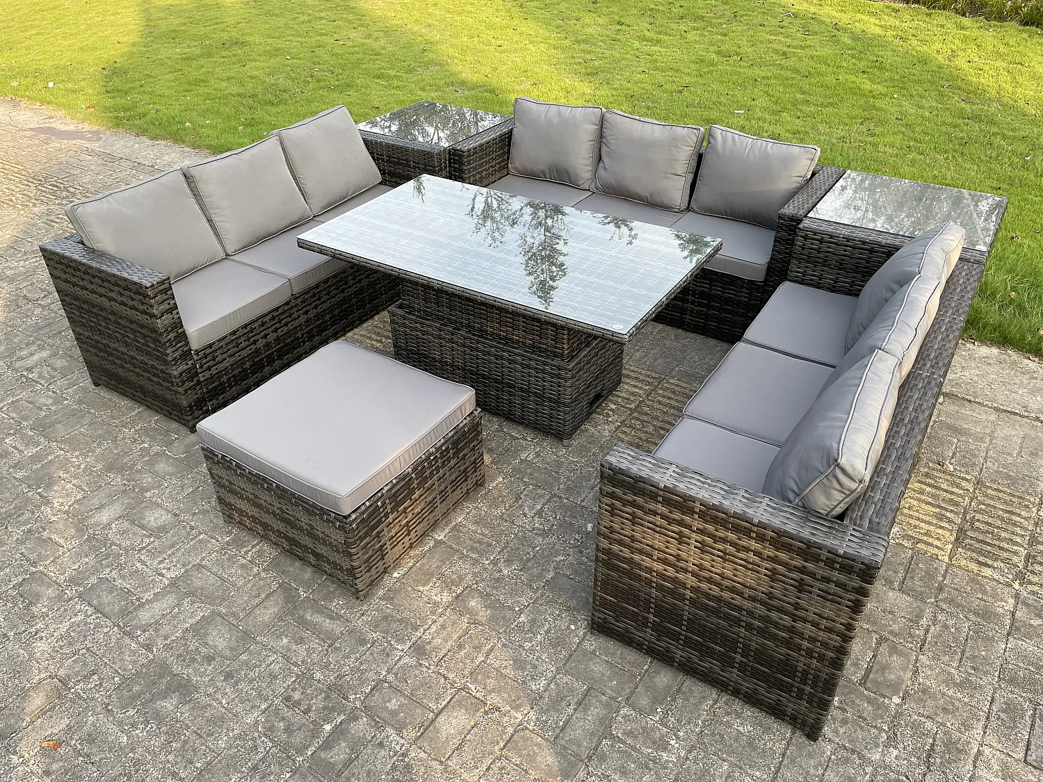Fimous U Shape Rattan Gardern Furniture Dining Sofa Set Adjustable Rising Dining Table With 2 Side Coffee Table Extra Big Footstool