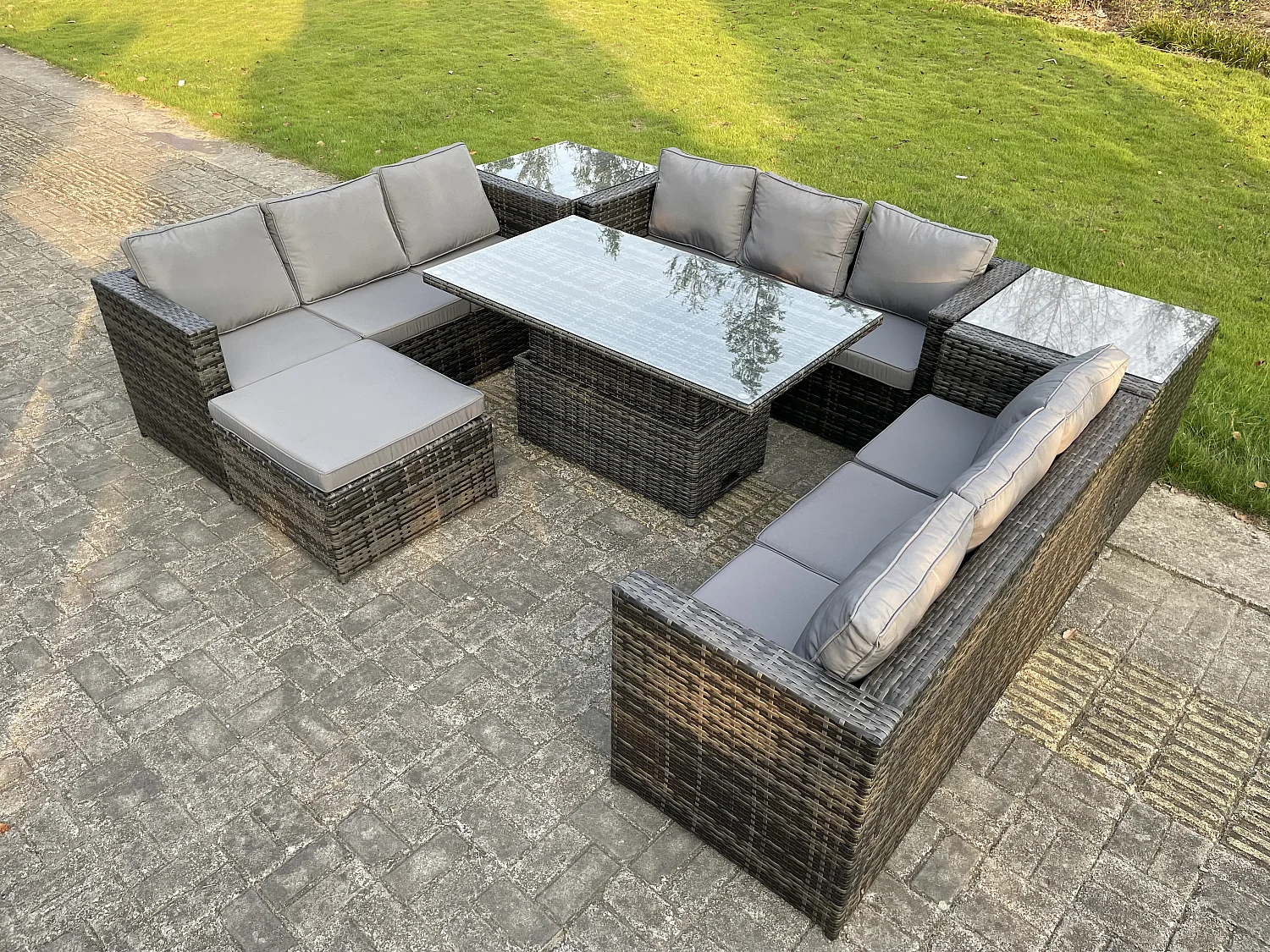Fimous U Shape Rattan Gardern Furniture Dining Sofa Set Adjustable Rising Dining Table With 2 Side Coffee Table Extra Big Footstool