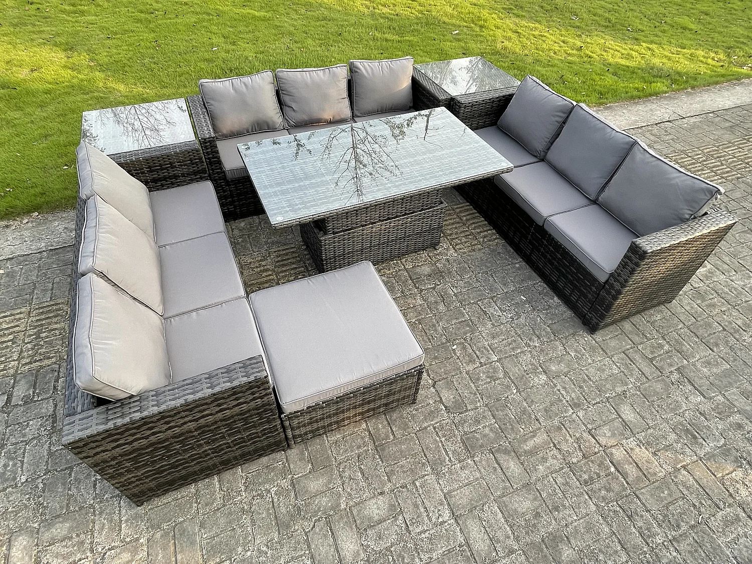 Fimous U Shape Rattan Gardern Furniture Dining Sofa Set Adjustable Rising Dining Table With 2 Side Coffee Table Extra Big Footstool