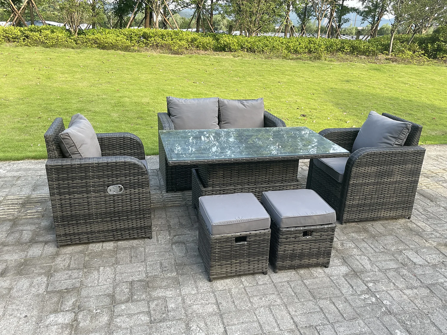 Fimous Dark Mixed Grey Rattan Outdoor Garden Furniture Lifting Adjustable Dining Or Coffee Table Sets Love Sofa Reclining Chairs Footstools 6 Seater
