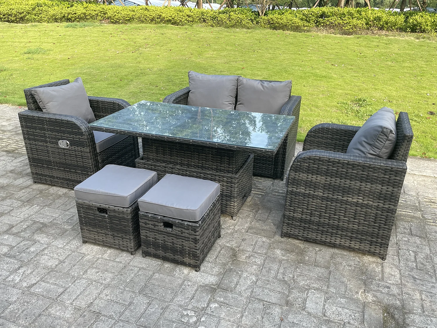 Fimous Dark Mixed Grey Rattan Outdoor Garden Furniture Lifting Adjustable Dining Or Coffee Table Sets Love Sofa Reclining Chairs Footstools 6 Seater