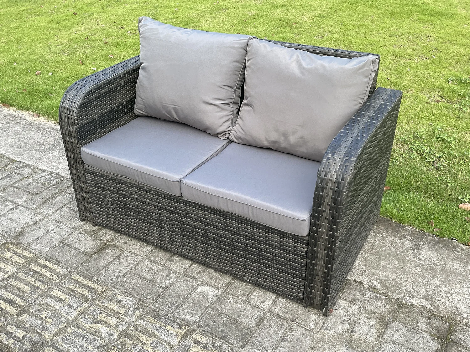 Fimous Dark Mixed Grey Rattan Outdoor Garden Furniture Lifting Adjustable Dining Or Coffee Table Sets Love Sofa Reclining Chairs Footstools 6 Seater