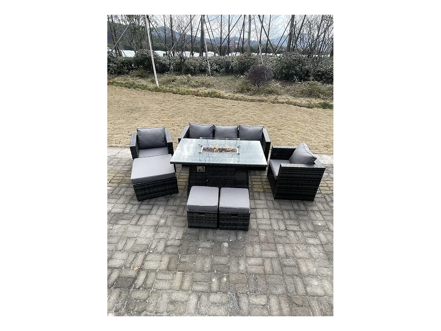8 Places Meubles de jardin en rotin ave Table de foyer à gaz canapé 2 Chaises 3 Tabourets Mélange gris foncé