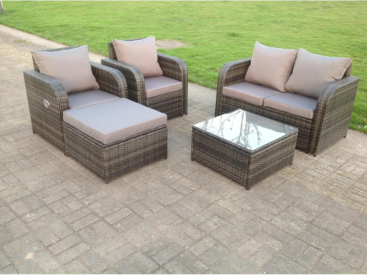 5 Seater PE Wicker Rattan Garden Furniture Loveseat Reclining Sofa Chair Table Footstool Outdoor Grey