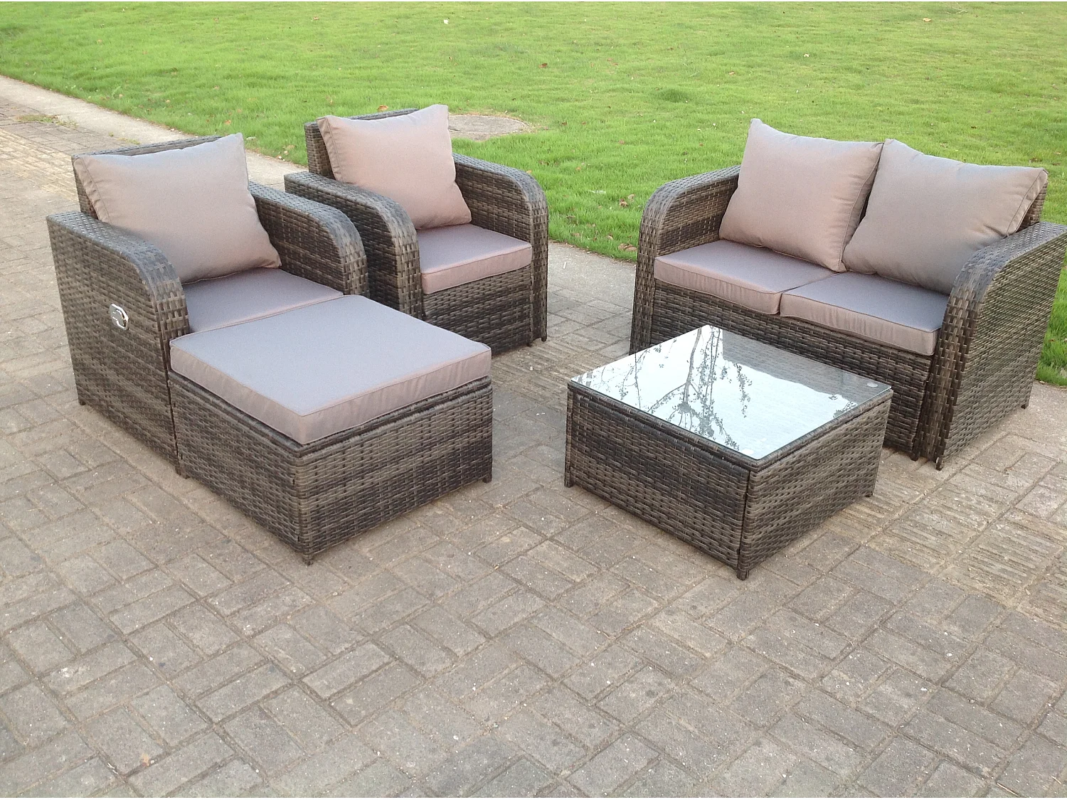 5 Seater PE Wicker Rattan Garden Furniture Loveseat Reclining Sofa Chair Table Footstool Outdoor Grey