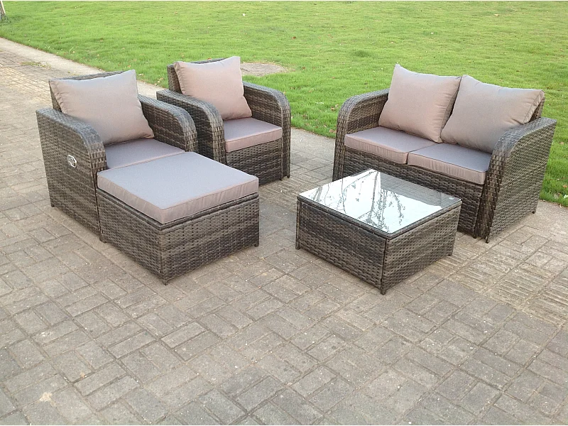 Rattan Gartenmöbel Set mit Quadratischer Couchtisch Love Sofa Sessel inclinable Hocker