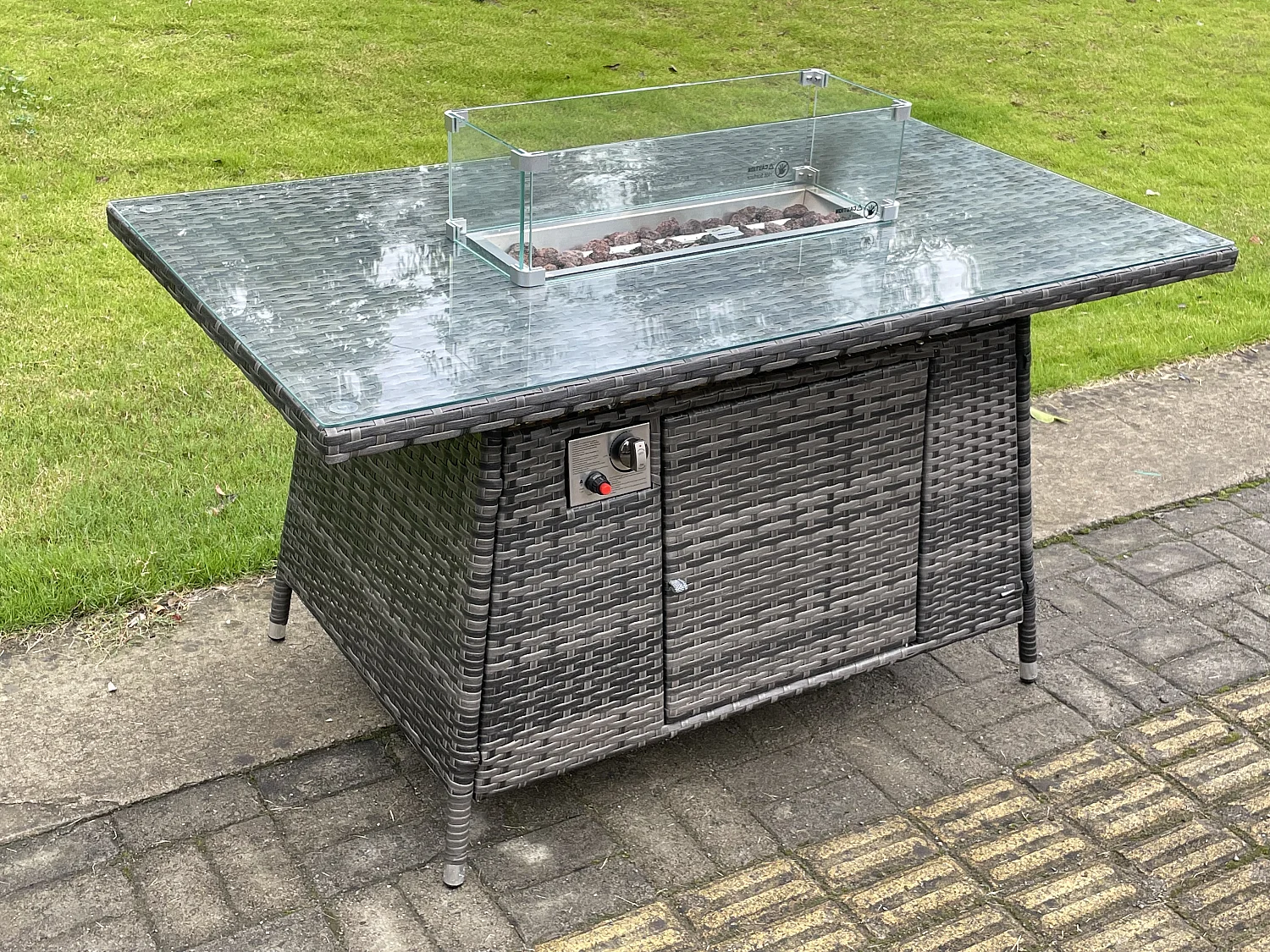Fimous Outdoor Rattan Garden Furniture Gas Fire Pit Dining Table Sets Gas Heater Lounge Chairs Side Tables Dark Mixed Grey 9 Seater