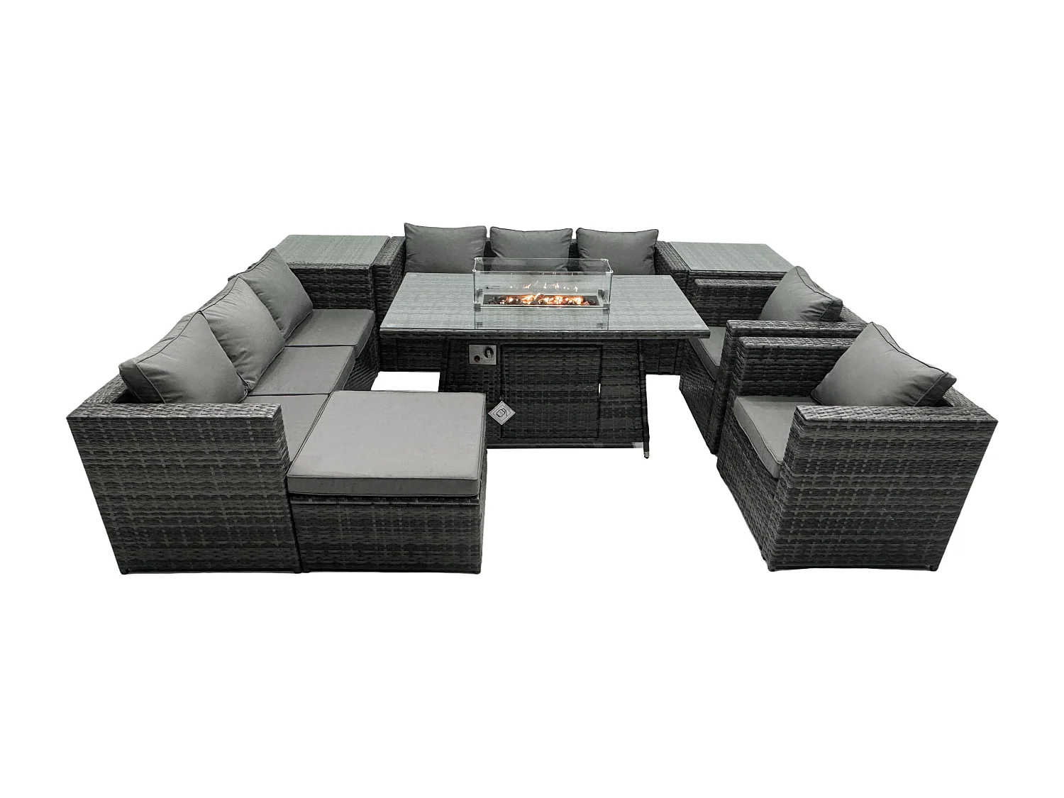 Fimous Outdoor Rattan Garden Furniture Gas Fire Pit Dining Table Sets Gas Heater Lounge Chairs Side Tables Dark Mixed Grey 9 Seater